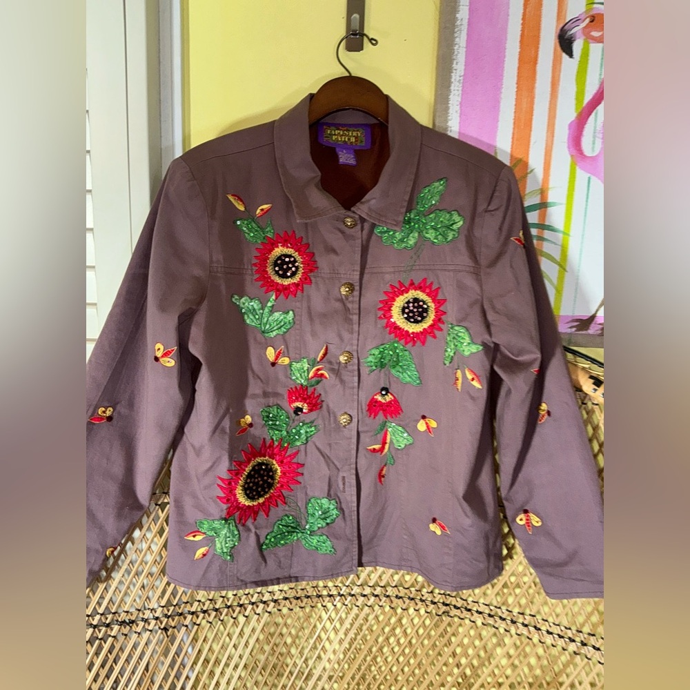 Tapestry Patch Sequin Embroidered Sunflower Jacket Bees Art to Wear Size L - Picture 4 of 10